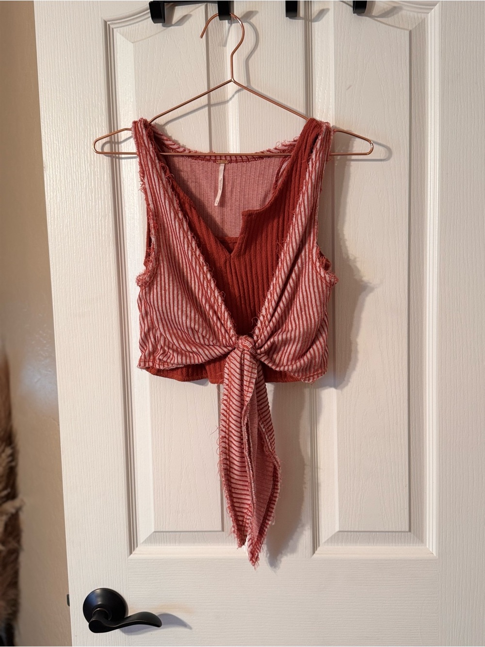 Free People Striped Tie-Front Ribbed Crop Tank in Rust
